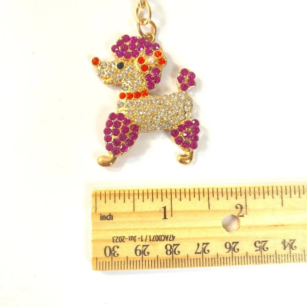 Poodle Rhinestone Charm Keychain Key Holder Purple Multi Gold Tone Metal New